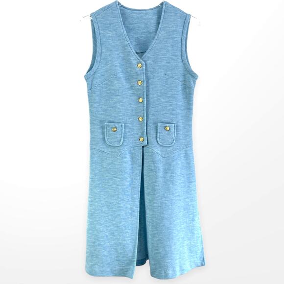 60s Vintage Blue A Line Sleeveless Tunic Open Front Shirt Dress Nautical Buttons - Picture 7 of 7